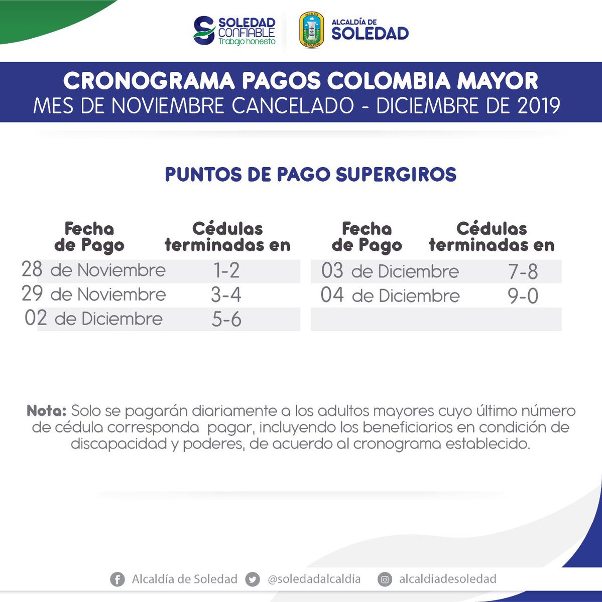 socialsoledad's tweet photo. Reclama tu subsidio en cualquiera de los 35 puntos @SuperGiros_ habilitados en Soledad. 
Conoce el cronograma completo y los   puntos de pago aquí!👇🏻👇🏻👇🏻 https://t.co/8sxAXXI81D