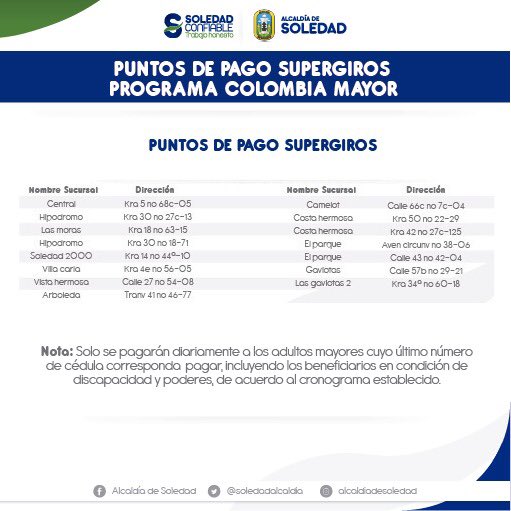 socialsoledad's tweet photo. Reclama tu subsidio en cualquiera de los 35 puntos @SuperGiros_ habilitados en Soledad. 
Conoce el cronograma completo y los   puntos de pago aquí!👇🏻👇🏻👇🏻 https://t.co/8sxAXXI81D