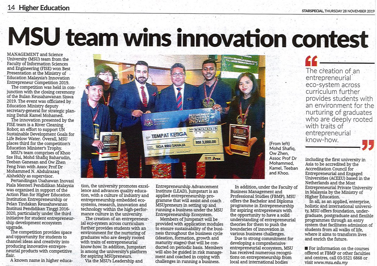 researchMSU's tweet photo. MSU team wins innovation contest at the Ministry of Education Malaysia’s Innovation Entrepreneur Competition 2019 https://t.co/xEQWyCEDE9 #LEADinstitute #MSUresearch @KemPendidikan https://t.co/2ukYycWUbV