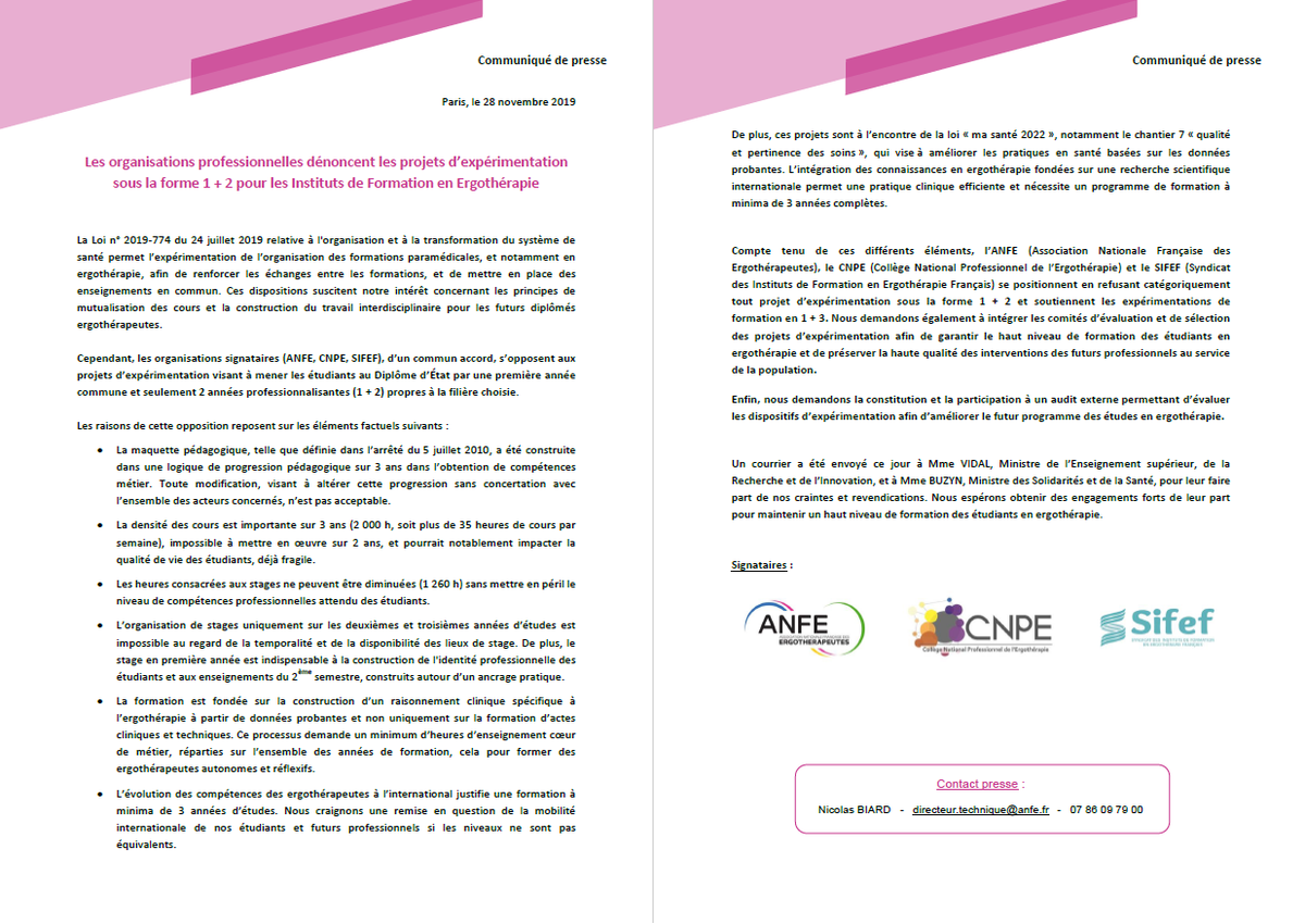 ANFErgOT's tweet photo. 🆕 COMMUNIQUÉ DE PRESSE
L'ANFE, le #CNPE et le #SIFEF dénoncent les projets d’#expérimentation sous la forme 1 + 2 pour les Instituts de #Formation en #Ergothérapie ➡️ https://t.co/wJJyCa2v8t