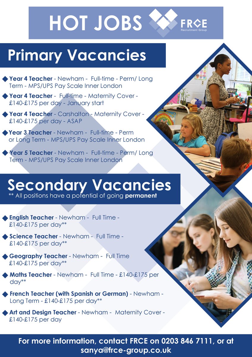 FRCEGroup's tweet photo. FRCE Education have a range of roles available for January 2020 (and even ASAP if you are available!) 

We have an amazing Referral Scheme worth up to £250* so pass this on to any friends/colleagues/family! 

Call us on 0203 846 7111 for more info! 
#teaching #roles #education https://t.co/JNMWmRYhqx
