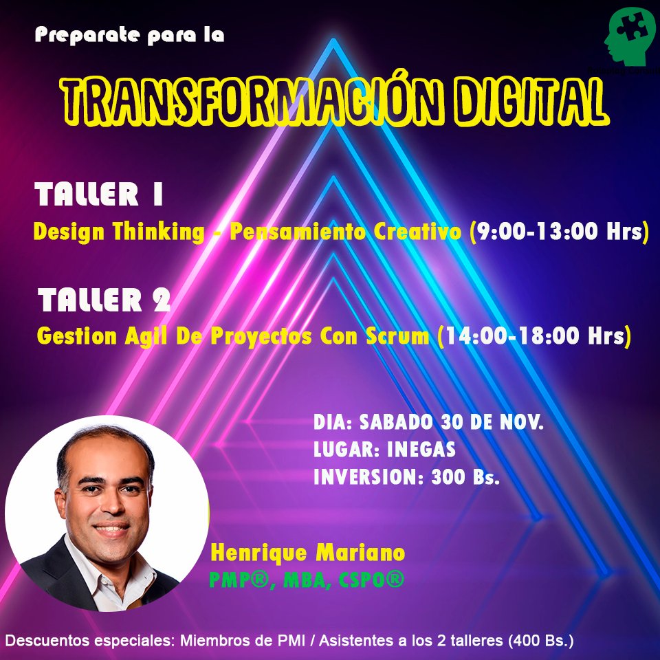 Estimados seguidores, recomendamos estos talleres organizados por nuestra institución aliada RolePlay Consulting.
10% de descuento para miembros del Capitulo PMISC.
Para mayor información:
Correo: info@roleplayconsulting.com
Cel: 72676866
registro: bit.ly/HenriqueM