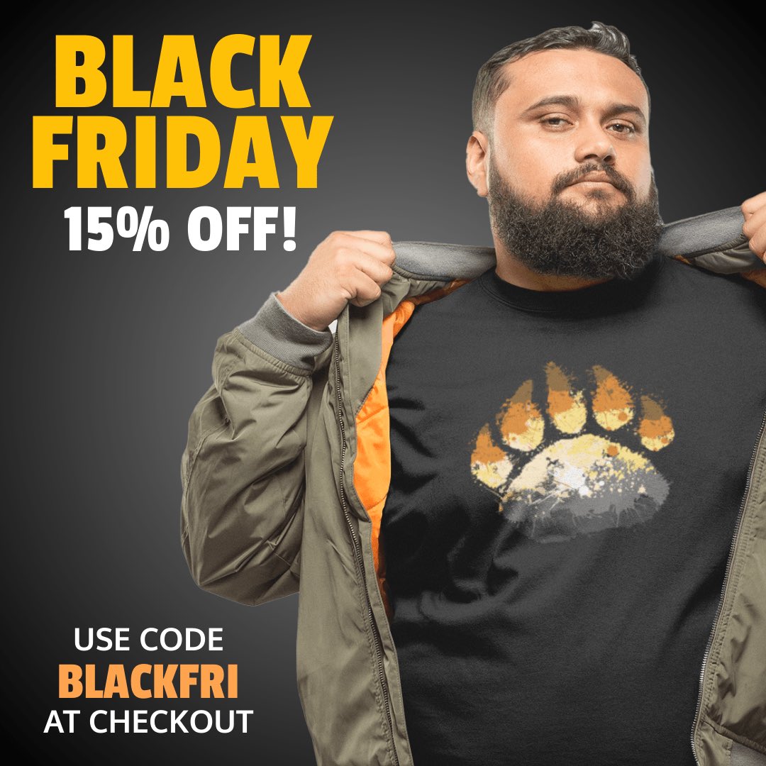 splash_bear's tweet photo. Black Friday sale starts now! Go to https://t.co/0wIVIijBQE and use code BLACKFRI for 15% off through Saturday! #gaybear #BlackFriday #gaybears #beargay #beardaddy #bearsoftwitter #bearpaw #bearscubsandscruff #bearsofinstagram #bears #beartshirts https://t.co/4PEzRIKZyv