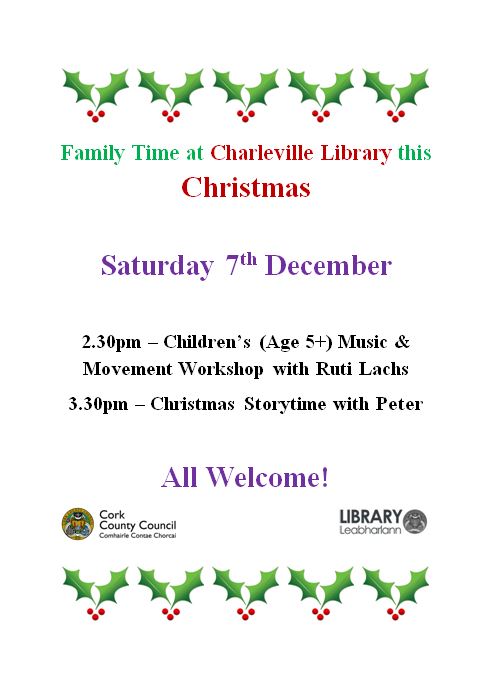 corkcolibrary's tweet photo. Saturday 7th December looks to be a busy day in #CharlevilleLibrary!
With Music & Movement at 2:30pm and Storytime at 3:30pm, we have some lovely ways for you to spend #FamilyTimeAtYourLibrary lined up.
All Welcome!
#LIW2019 #LibrariesInspire https://t.co/t0KoZ6Ynv6