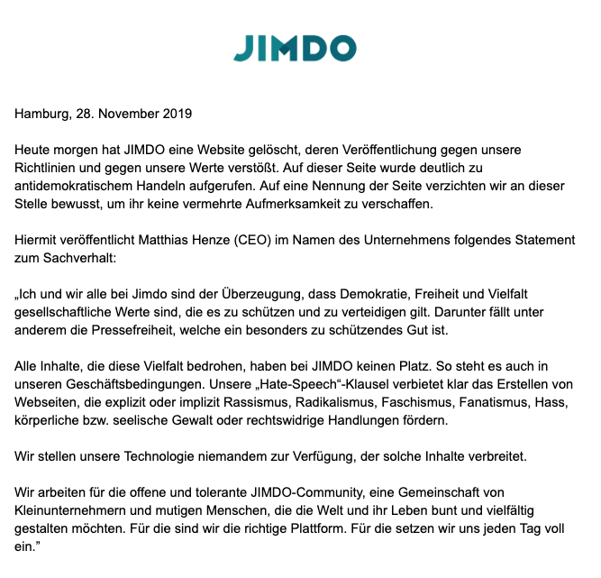MatHenze's tweet photo. Values are only values if you stand up for them. 

In the light of recent events, here’s my statement on behalf of @jimdo https://t.co/mFvRAFBsOY