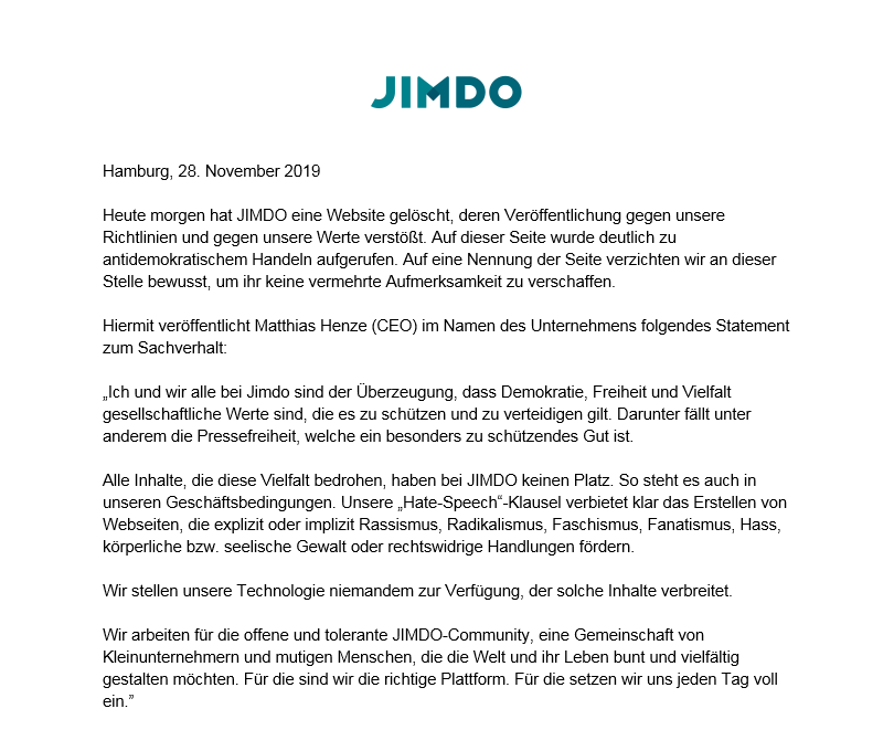Jimdo_DE's tweet image. Wir stehen zu unseren Werten. Aus gegebenem Anlass ein Statement von unserem CEO Matthias Henze.