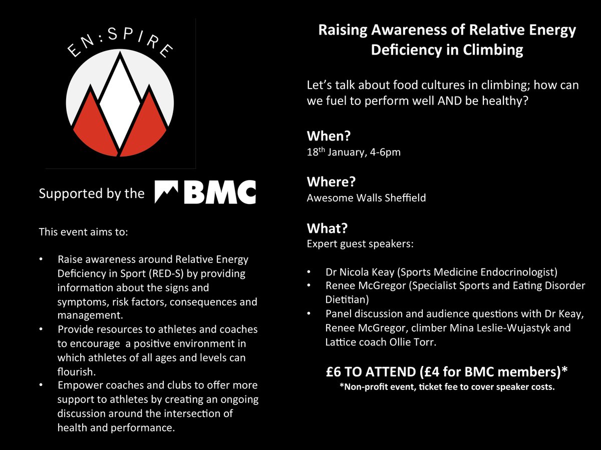 En:spire - how can you fuel well to perform well and be healthy? Join top climber <a href="/MinaClimbing/">Mina Leslie-Wujastyk</a> and expert guest speakers to discover more at a new BMC supported event in Sheffield. Discounts for BMC members. Find out more: thebmc.co.uk/enspire-red-s-… #climbing #reds