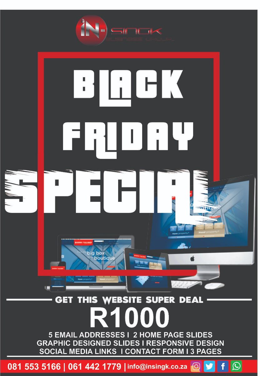 InSingkbgroup's tweet photo. Hi😊

We have Black Friday specials. Get 3-page website super deal for only R1000 including:

- 5 Email Addresses
- 2 Home Page Slides Graphic Designed Slides
- Responsive Design Social Media Links
- Contact Form

Don't hesitate to contact us for more info 😊
#justdoitcaster https://t.co/LAJ3ncI9cN