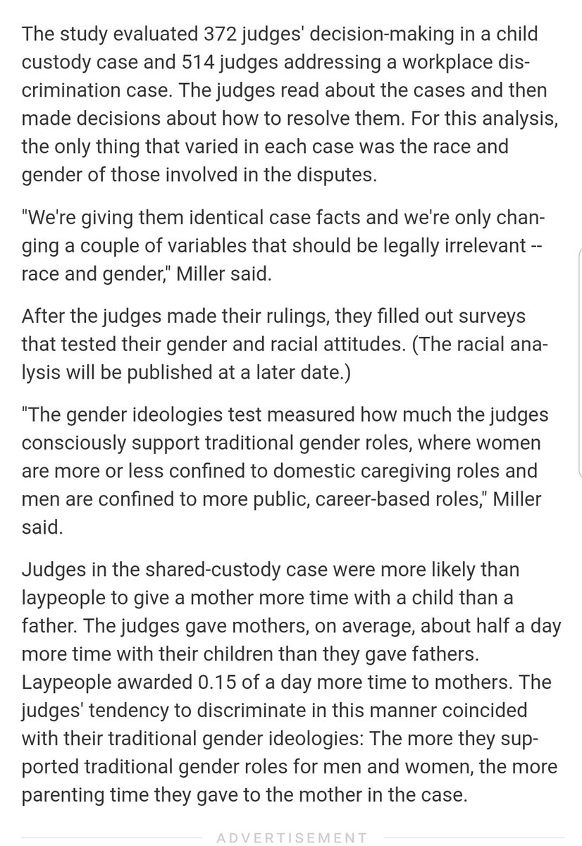 3/ The reasoning for the judges heightened anti-male bias ( and keep in mind most of the judges are MEN themselves. Not women. )""The more they supported traditional gender roles for men and women, the more parenting time they gave to the mother in the case."How interesting..