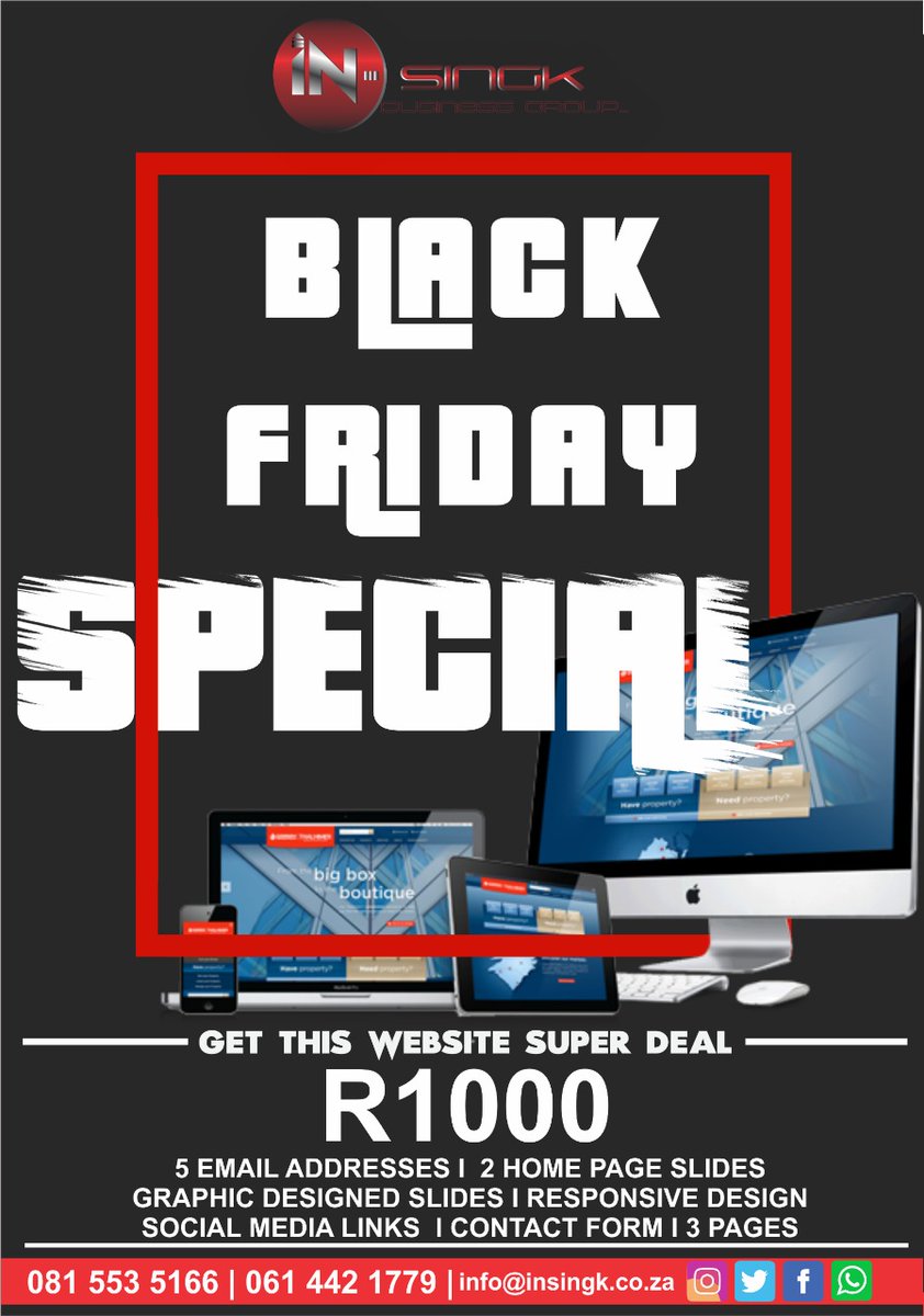 InSingkbgroup's tweet photo. Hi😊

We have Black Friday specials. Get 3-page website super deal for only R1000 including:

- 5 Email Addresses
- 2 Home Page Slides Graphic Designed Slides
- Responsive Design Social Media Links
- Contact Form

Don't hesitate to contact us for more info 😊

#IAmTiredOfPraying https://t.co/1kqrmPYFXC