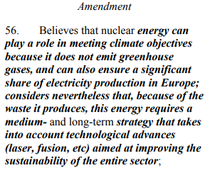 Success! Nuclear friendly motion 38 passes, changing language from first picture to second below! Definitely a win for the planet going into  #COP25 with a more flexible path to decarbonization.  https://twitter.com/e_Sundell/status/1200012183540764673?s=19Thank you  @Europarl_EN!