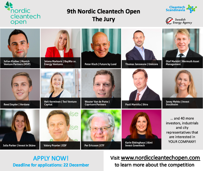 CTScandinavia's tweet photo. This is our great jury for the 9th Nordic Cleantech Open. They are investors, industrials and city representatives looking forward to read about YOUR INNOVATION.
Find out more and apply now! https://t.co/E0ldnWxPvk https://t.co/bqty4ftStQ