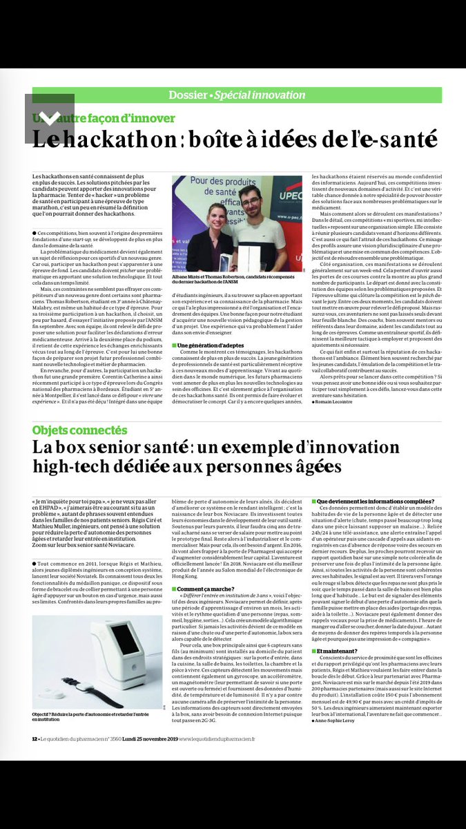 Très bel article #noviacare paru ce lundi dans le quotidien du pharmacien. @pharmagest  <a href="/LaCoopWelcoop/">La Coopérative Welcoop</a> #noviatek #esante #SeniorCare #IoT #innovation