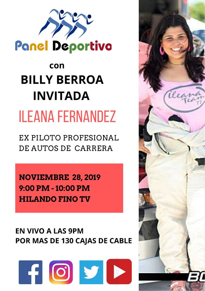 billyberroajr's tweet photo. Esta noche en vivo a las 9pm @ileanaracing por @hilandofinotv la ex piloto dominicana de autos de  carrera, nos habla de sus desafios y su historia de exitos. PANEL DEPORTIVO de lunes a viernes de 9-10pm en mas de 130 canales, redes sociales y por @verizon https://t.co/yAVputqu0s