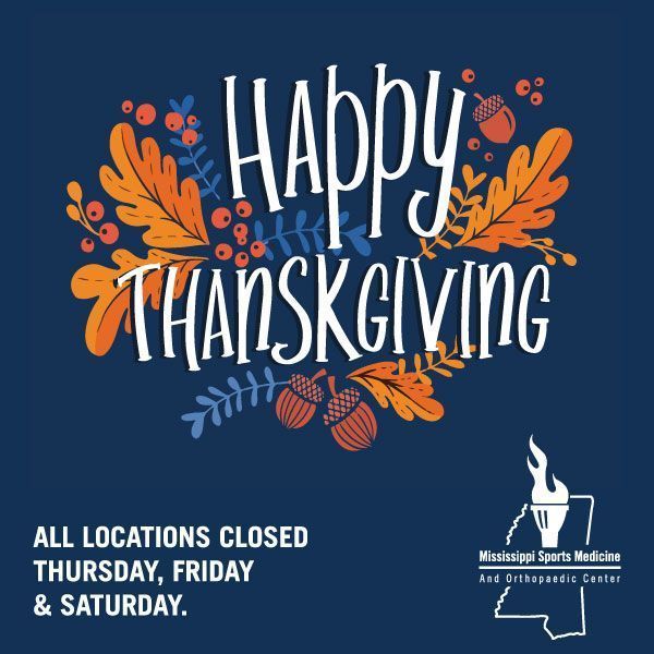 MissSportsMed's tweet photo. Happy Thanksgiving! All #MSSportsMed locations will be closed today (11/28) and tomorrow (11/29) for the Thanksgiving holiday. All Urgent Care locations will be closed as well, and Madison Urgent Care will be closed Sat. (11/30). Regular hours resume Monday, December 2. https://t.co/trwIr92jsR