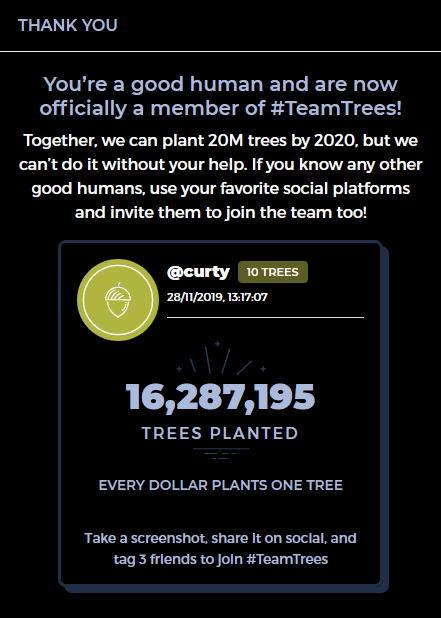curty's tweet image. gotta keep it going 💯 
teamtrees.org