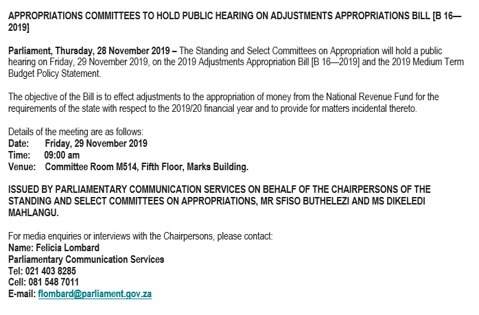 ParliamentofRSA's tweet photo. Appropriations Committees to Hold Public Hearing on Adjustments Appropriations Bill [B 16-2019]  https://t.co/CcGu0UTLh7 https://t.co/4OUY7OhRQN