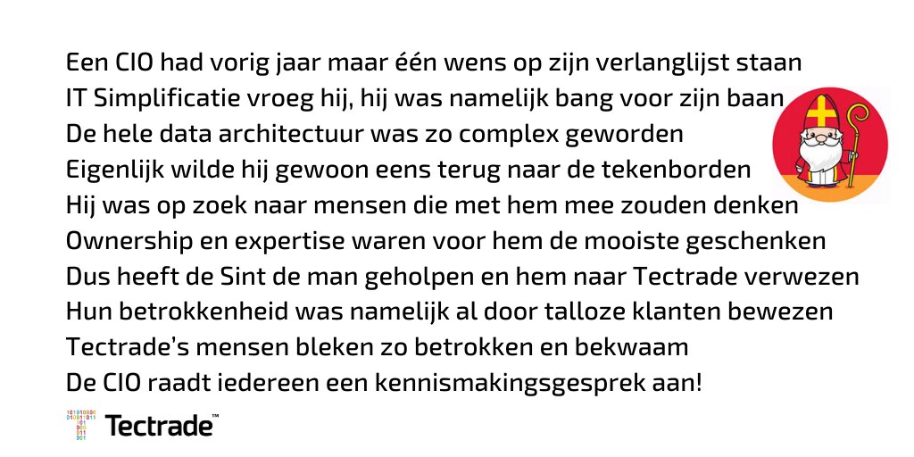 ttnlio's tweet photo. Is het uw datacenter ook zo complex geworden?
Spreek eens af met Tectrade om te klankborden!

#TectradeNL #Sinterklaas #ITSimplificatie #datamanagement https://t.co/GjacabNCUi