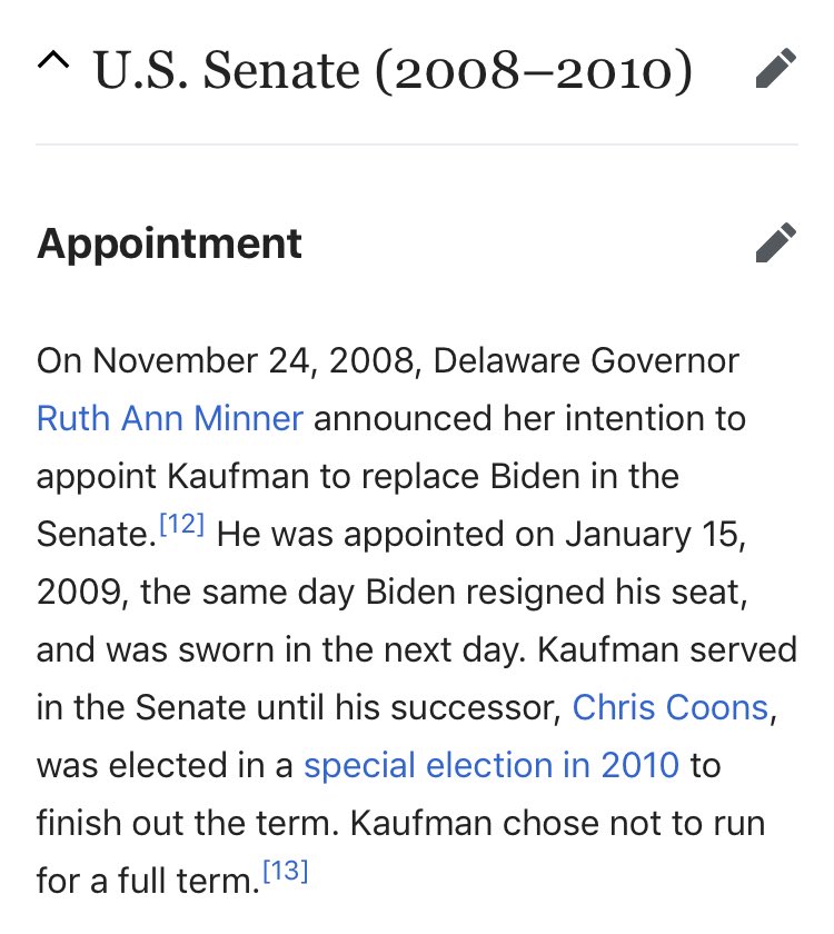 (6/15) (Interesting note: Ted Kaufman was Biden’s Chief of Staff for 19 years and succeeded him in the Senate *by appointment*, not election)