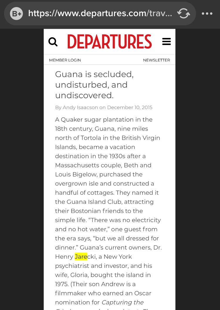 (7/15) Back to Papa Jarecki. Not only did he found the first Youth Center in the British Virgin Islands (BVI) he owns two additional ISLANDS; both are pretty secluded.In addition to Hollywood guests, they also had alleged violent perv Mario Batali (article prior to allegations)