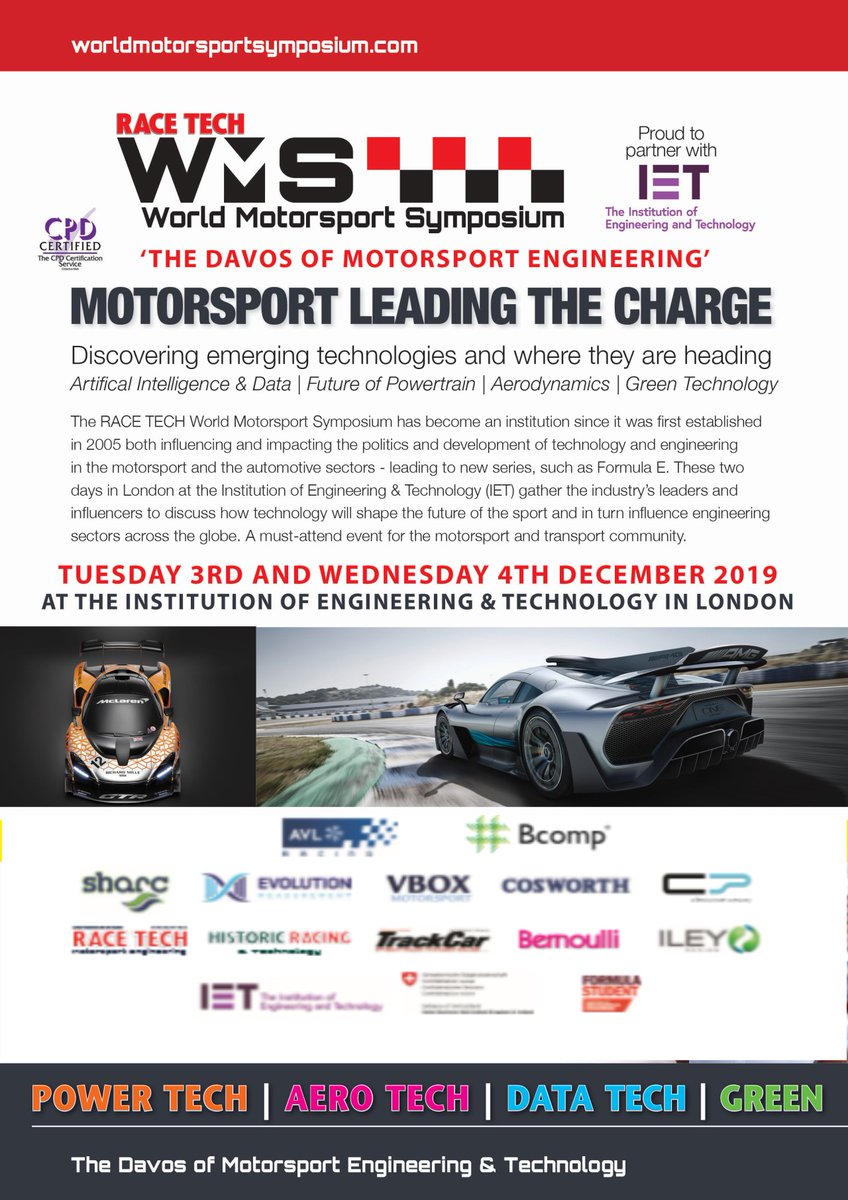 RaceTechmag's tweet photo. We're looking forward to seeing you next week at the World Motorsport Symposium @IET! A massive thank you to our sponsors @AVL_List @Cosworth @BcompLtd @VBOX_Motorsport @EvoMeasurement @SwissEmbassyUK #Sharc #CPTech #swissbusinesshub Get tickets here https://t.co/W6a0f57bJZ https://t.co/lyPI4US4Kp