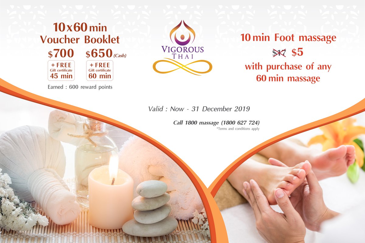 “Superb December PROMO”

Promo A 📣
“10x60min Voucher booklet”
- pay by Card $700 + FREE 45min Gift voucher
- pay by Cash $650 + FREE 60min Gift voucher

Promo B 📣
“10min Foot massage for only $5”
*with a purchase of any 60min massage

Offers valid till 31 Dec 2019. T&amp;Cs apply.