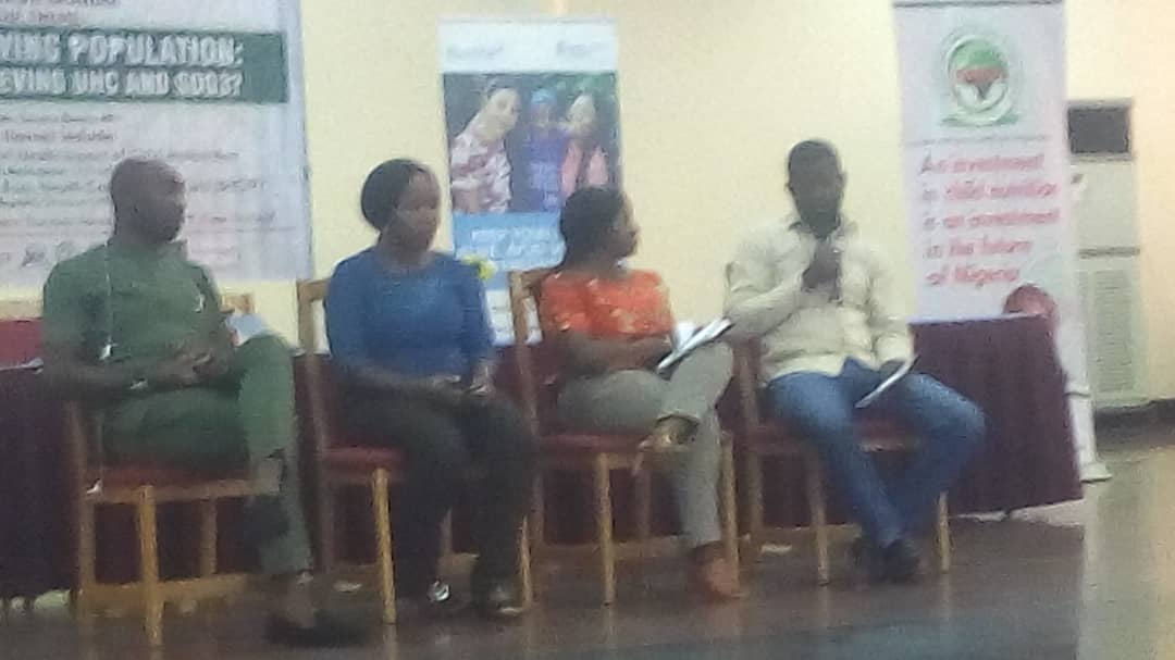 A discussion panel is up at #anhej2019. On the panel are Fred Eze of The Sun, Bukola Afeni of Newsday Online, compere Yecenu Sasetu of Kiss FM and Frank Ajufo of Vision FM @anhejng