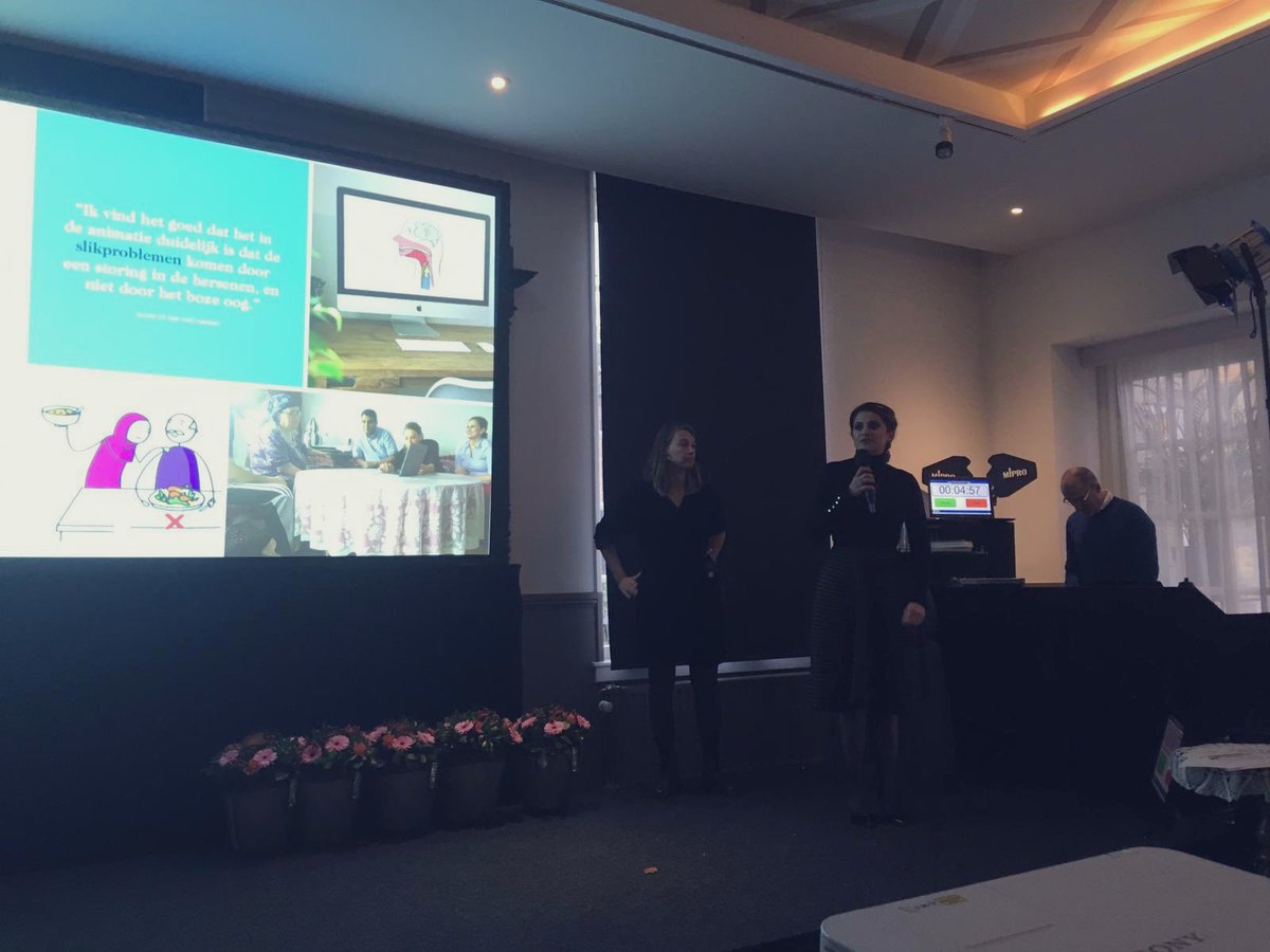 ec_grz's tweet photo. Ons project “Kleurrijke communicatie voor CVA patiënten” pitchen we vandaag voor de @cz_nl Zorgprijs 2019. Een informatieve animatie over slikstoornis in eigen taal van Turkse en Marokkaanse ouderen. Meer weten en animatie zien? https://t.co/CfXoj2Gdu0 https://t.co/RHZ00etyZH