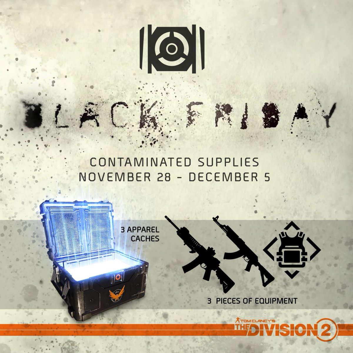 TheDivisionGame's tweet photo. For The Division, Black Friday is where it all began.💀💲

But the fight is far from over. Log-in to The Division 2 before December 5 to gear up with free in-game Apparel Caches and equipment! https://t.co/gaz4SdVuvD