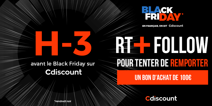Cdiscount's tweet photo. 🎁 #Concours 

👌 À gagner pour le #BlackFriday: 2 bons d'achat de 100€
👉 https://t.co/INZBtvSGAp

🔸 Pour tenter votre chance : 
RT ce tweet + Follow @Cdiscount
 
☑️ TAS à 16H https://t.co/YNyMVxDQb4