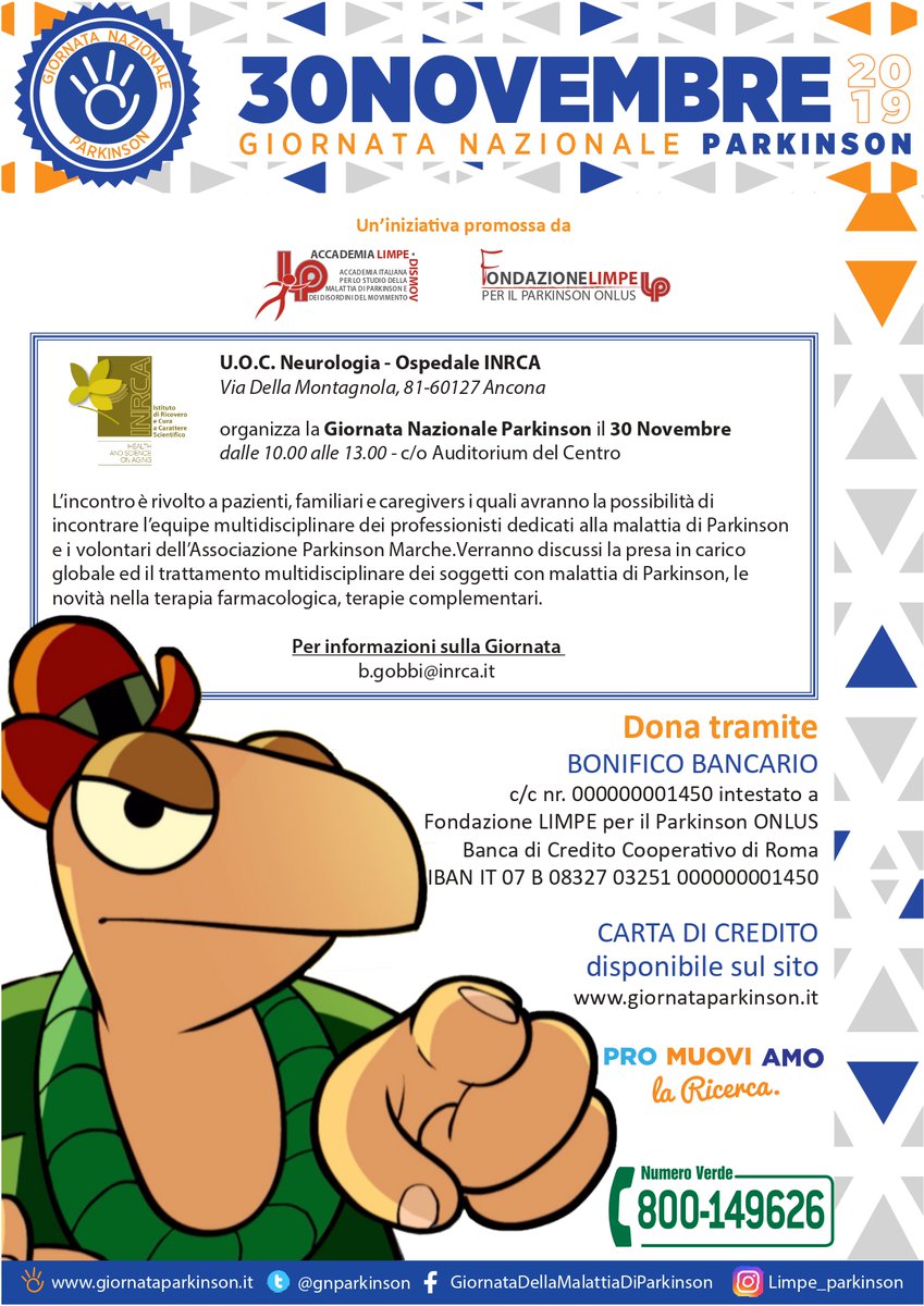 Giornata Nazionale Parkinson. Il 30 novembre presso l'Auditorium Inrca di Ancona pazienti, familiari e caregivers coinvolti in tale patologia potranno parlare con i professionisti neurologi e con l'Associazione Parkinson Marche. Vi aspettiamo!