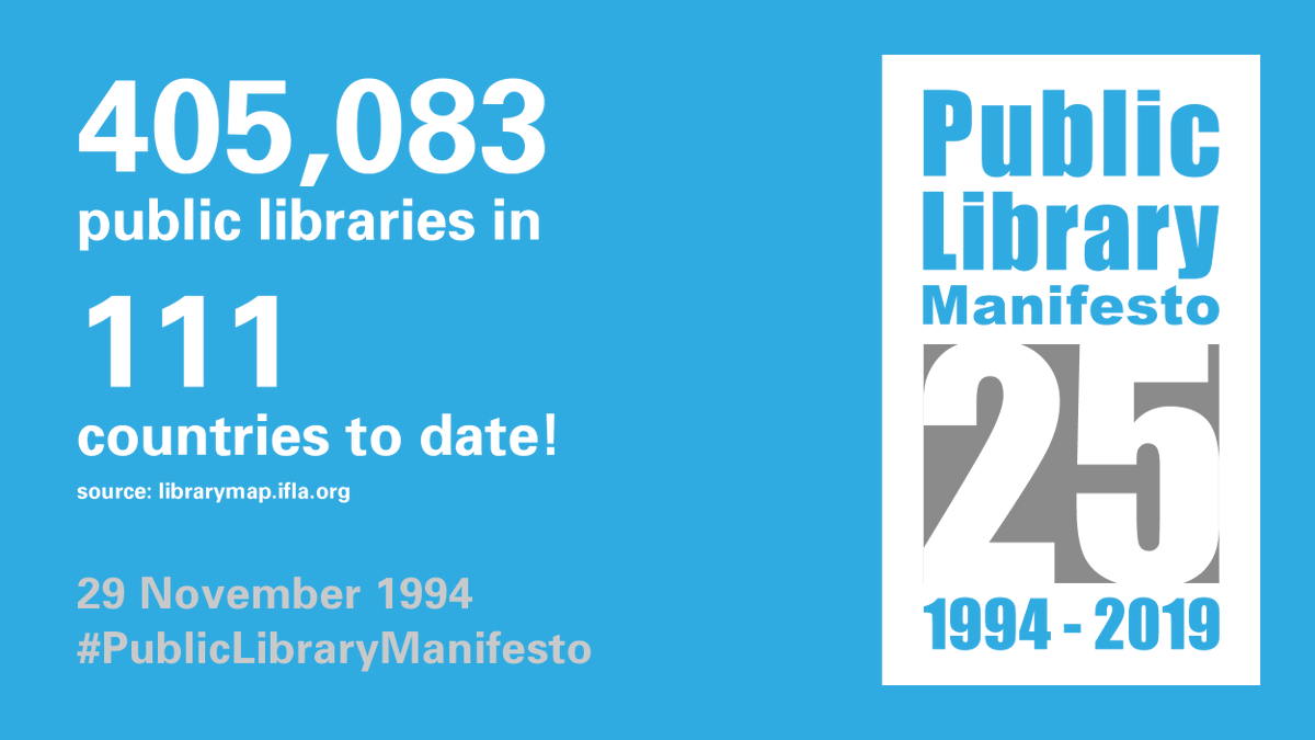 Did you know that according to the <a href="/IFLA_LibraryMap/">IFLA Library Map of the World</a> there are at least 405,083 #PublicLibraries in 111 countries? 

Tomorrow the IFLA-<a href="/UNESCO/">UNESCO 🏛️ #Education #Sciences #Culture 🇺🇳</a> #PublicLibraryManifesto is turning 25 years, &amp; we will be celebrating all of them!

Check it out! bit.ly/2OBm1of #WorldLibraryMap