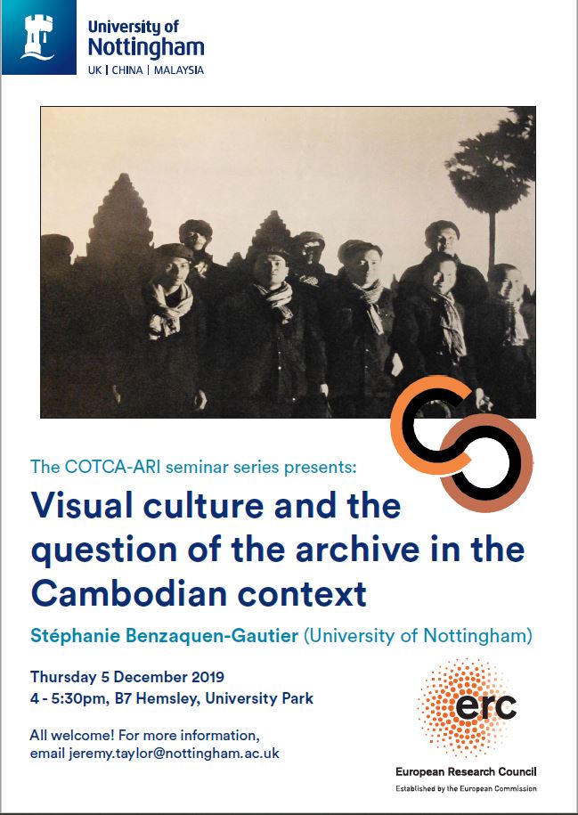 COTCAProject's tweet photo. Come along to #COTCAProject member Dr Stéphanie Benzaquen-Gautier's @UoN_ARI seminar on "Visual culture and the question of the archive in the Cambodian context" next Thursday, Dec 5! #visualculture #Cambodia #KhmerRouge #ModernHistory https://t.co/gRKLmVu4Tw