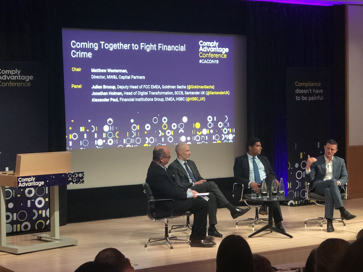 tobyregtech's tweet photo. Jonathan Holman @bancosantander talking about how SaaS KYC/AML technology makes the bank more responsive to financial crime with real-time configuration #regrech #CACON19 https://t.co/dzbFra1NNJ