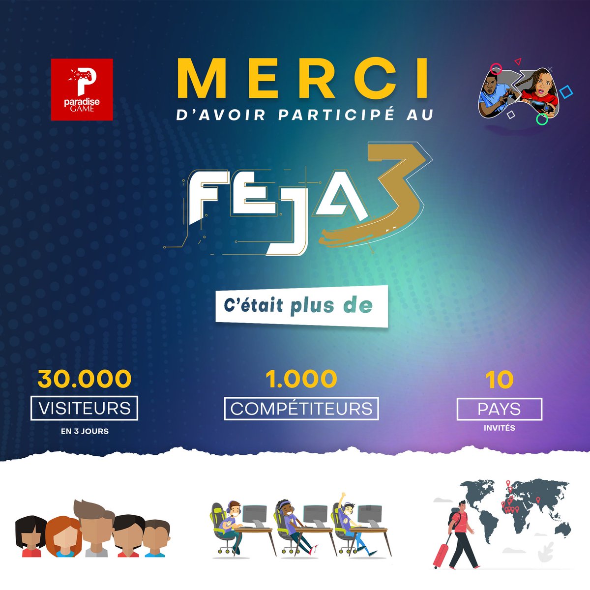 WITH

-more than 30000 visitors

-1000 competitors

-&amp; more than 10 nations represented across the world

-Africa's biggest #eSport event

#FEJA3

-says

THANK YOU.