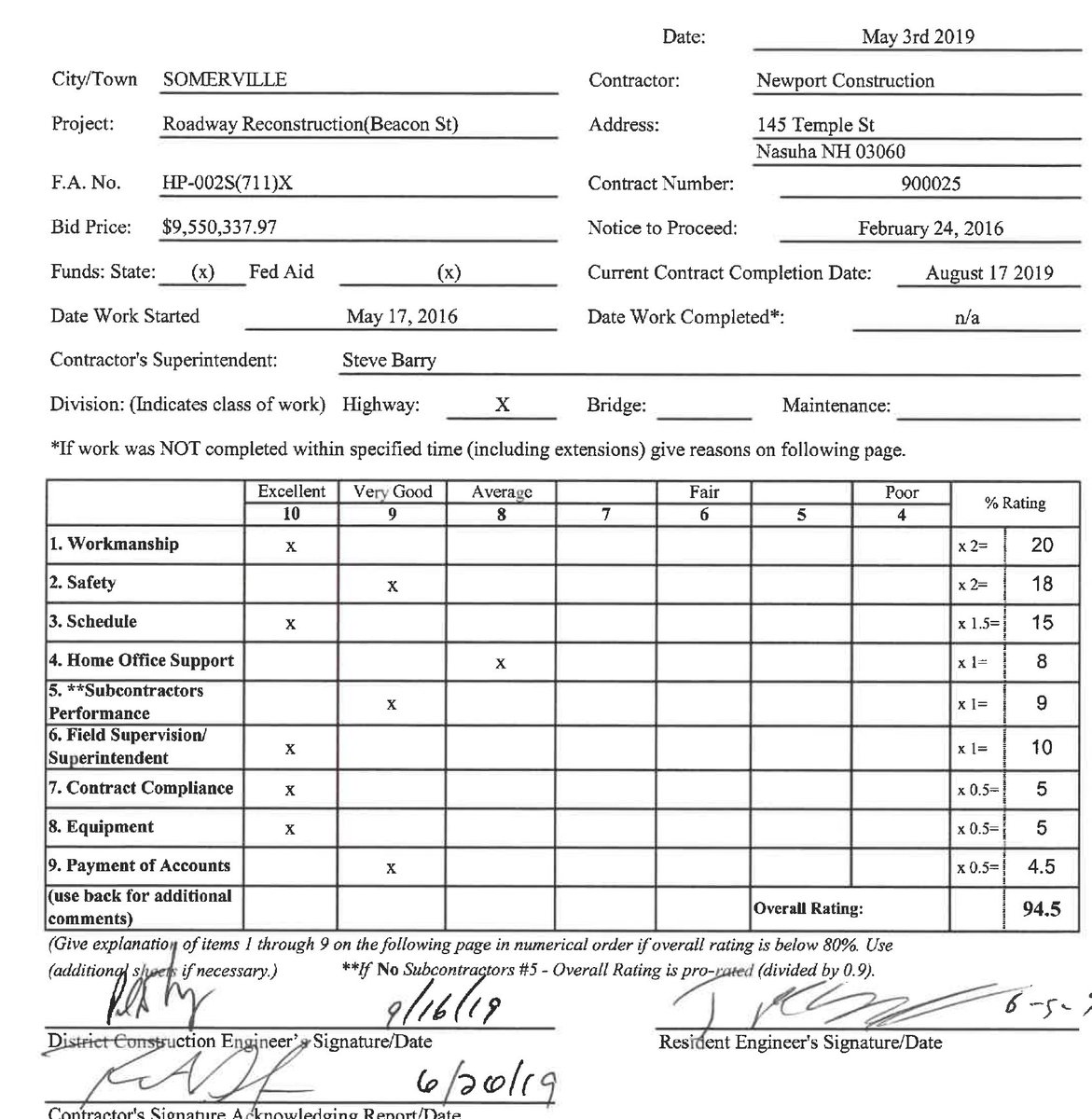 On May 3 of 2019, we see the -new- performance evaluation. Still interim, since the project remains incomplete at the time of this writing. A remarkable turnaround indeed. The score is up to 94.5 (from 71).14/?