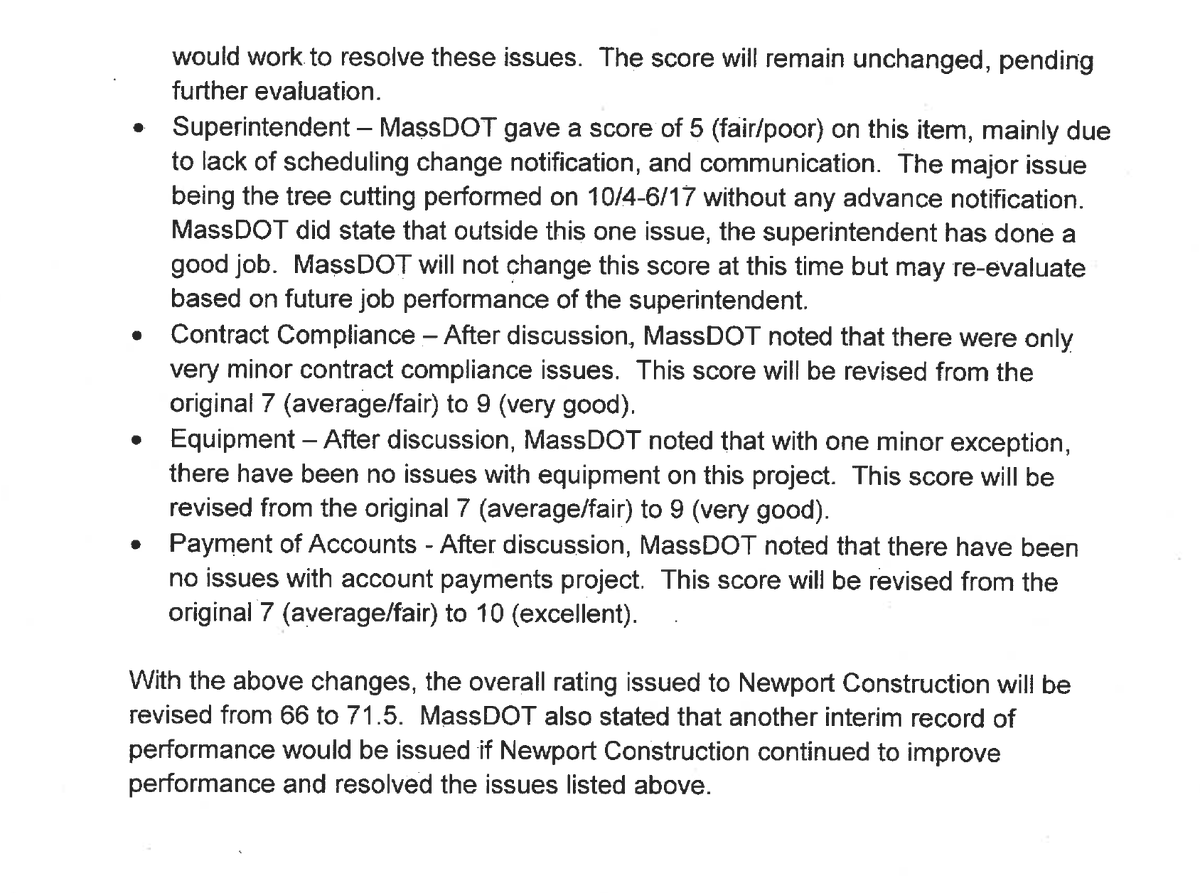 This conversation included no representation from the city whatsoever. This was MassDoT and Newport, all warm and chummy, reassuring themselves that the project was going GREAT. They never shared the updated scores with the city - according to my FOIA request.10/?