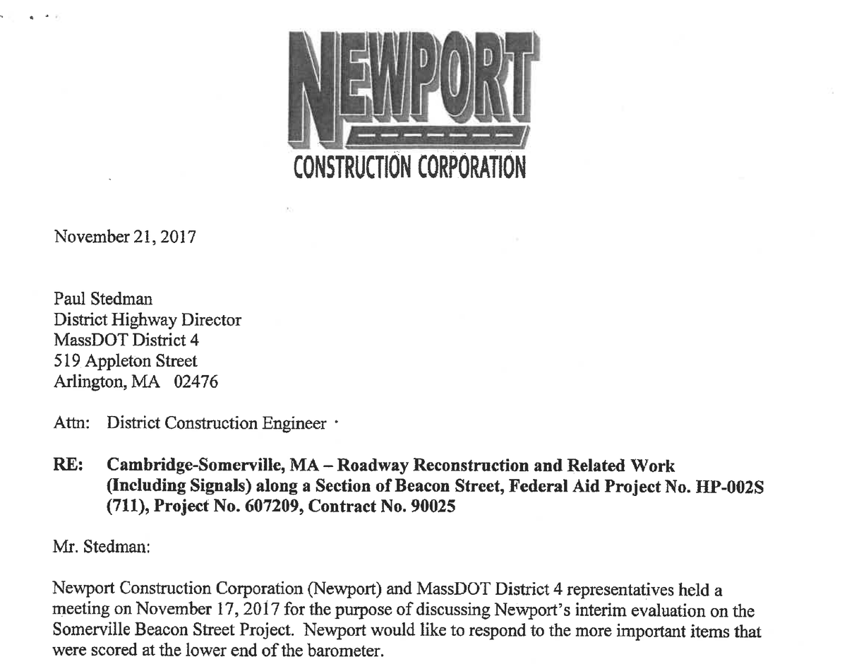 On the 21st, Mr. DeFelice wrote a letter to MassDoT summarizing their discussion - just to make sure that everybody was on the same page.Notably, this letter and the meeting minutes were nowhere in the documents that I received under FOIA from the city.11/?