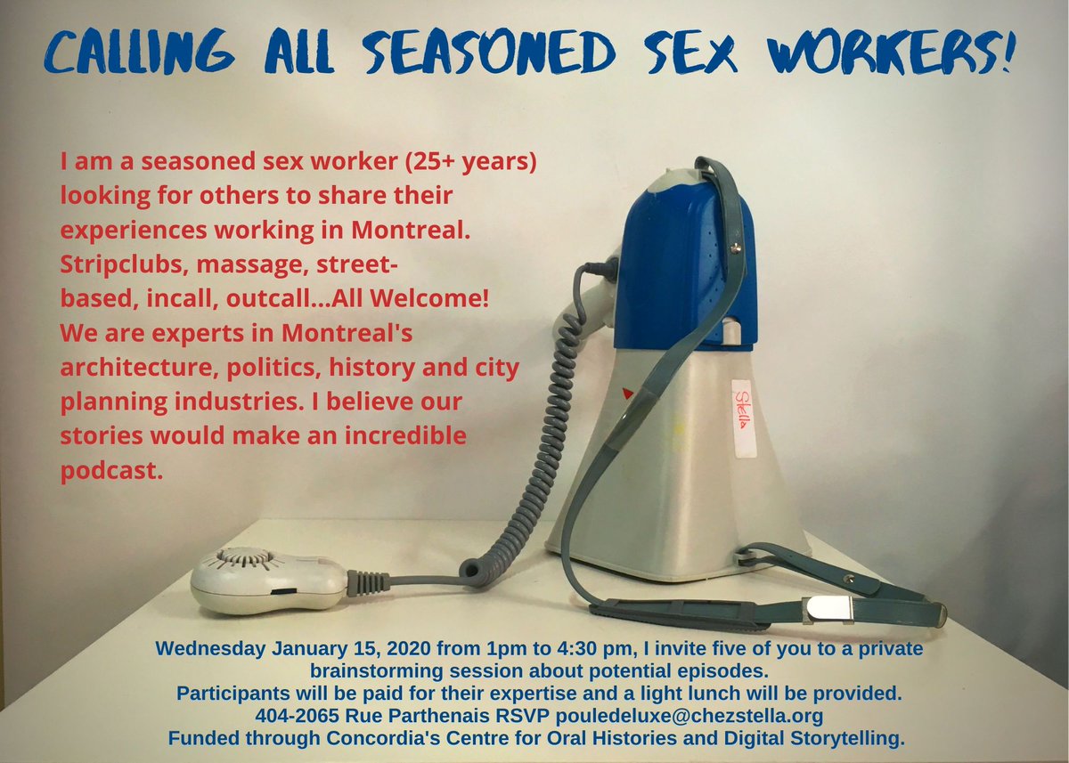 AmiEsdeStella's tweet photo. Seeking #Sexworkers w/ 25+ years in the industry 2 share your experiences. Wed Jan 15, 1-5pm, invitation 2 brainstorming session about episodes 4 podcast. Participants will B remunerated &amp; light lunch will B served.
RSVP: pouledeluxe@chezstella.org. Spaces R limited. https://t.co/ExUgBJwzr8