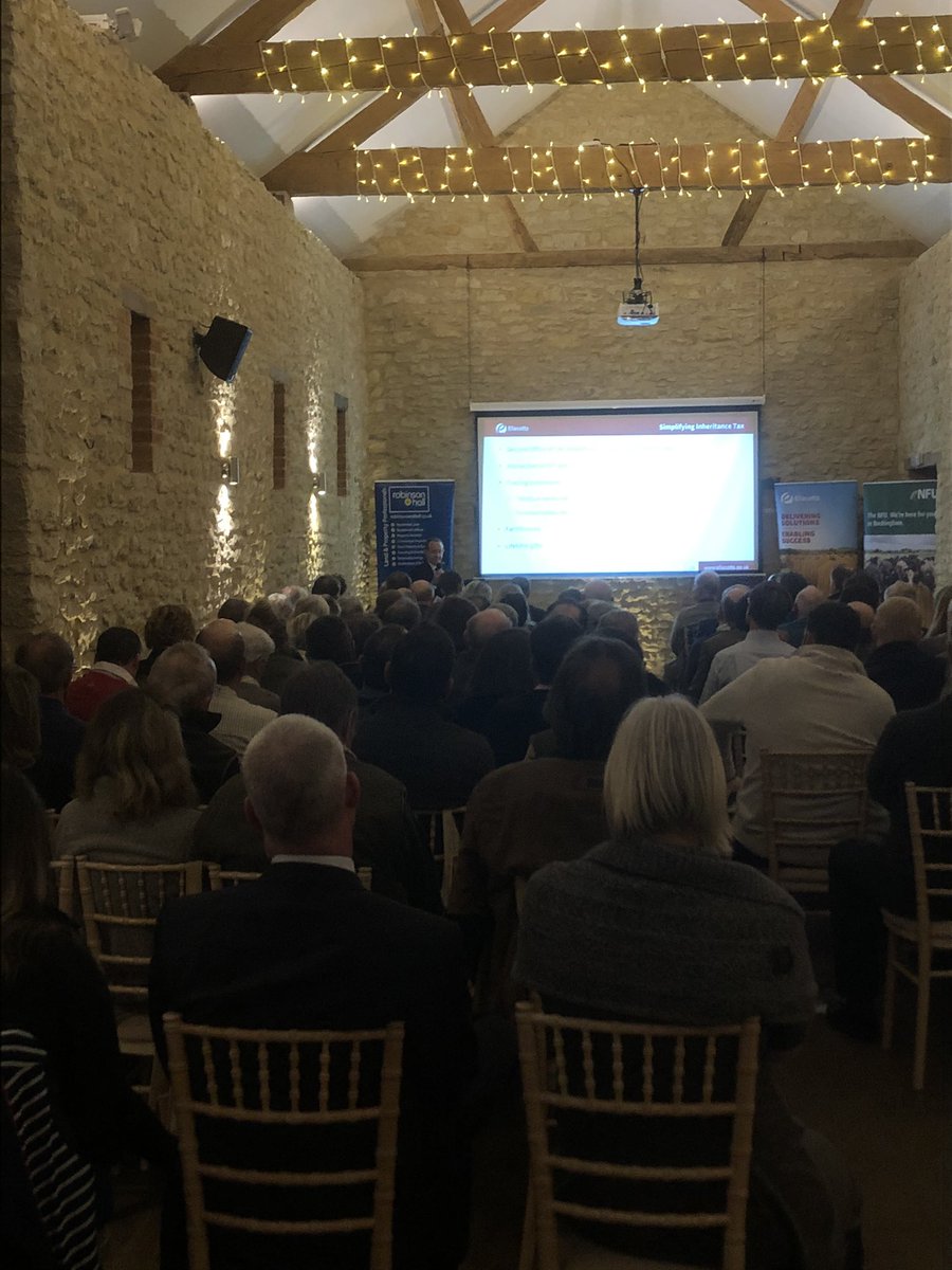 A great turnout of farmers and landowners at Huntsmill Farm listening to <a href="/mark_dickin/">Mark Dickin</a> of <a href="/Ellacotts/">Ellacotts</a> give a useful update on proposed Inheritance Tax changes. Very informative presentation by <a href="/JenkinsonAbrj/">Andrew Jenkinson</a> of <a href="/Robinson_Hall/">Robinson & Hall LLP</a> also noting likely BPS changes coming.....