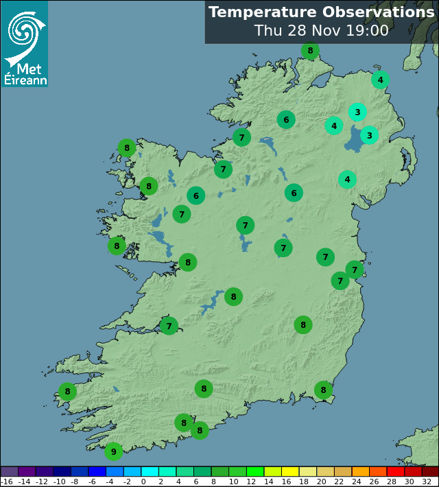 MetEireann's tweet photo. Rain or showers will continue to move southwards overnight, becoming confined to the southwest later. Clear spells developing elsewhere, with widespread frost and some icy patches forming along with a few patches of mist and fog. Cold. https://t.co/CI0L2LXia7