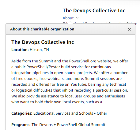 DevOpsOrg's tweet image. Choose The DevOps Collective for your charity on Amazon Smile when you&apos;re shopping for your friends and loved ones. Your support is greatly appreciated. Thank you! amzn.to/2yyqikG #PSHSummit #DevOps #PSHDevOps #PowerShell