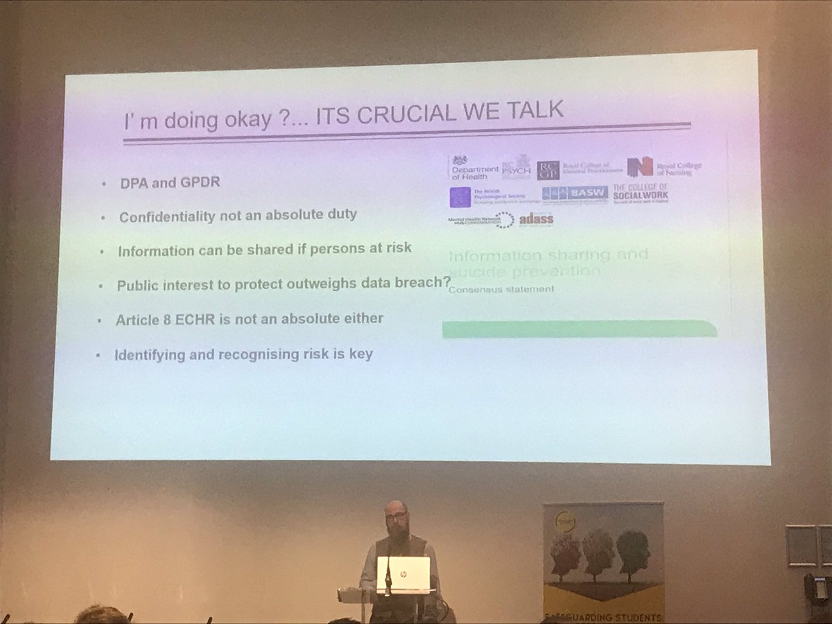 The most moving talk was delivered by Lee Fryatt, a police Inspector who lost his son to suicide soon after starting university. My key learning points:Person protection trumps data protectionReframe questions to obtain consentParental involvement important & desired