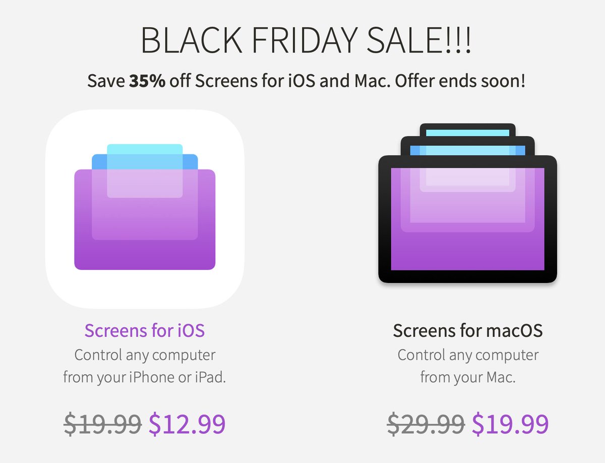 edovia's tweet image. ICYMI, our Black Friday sale is LIVE! Save 35% on @screensvnc for iOS and Mac. Limited time only! #blackfriday #deals #blackfridaydeals #blackfriday2019

edovia.com