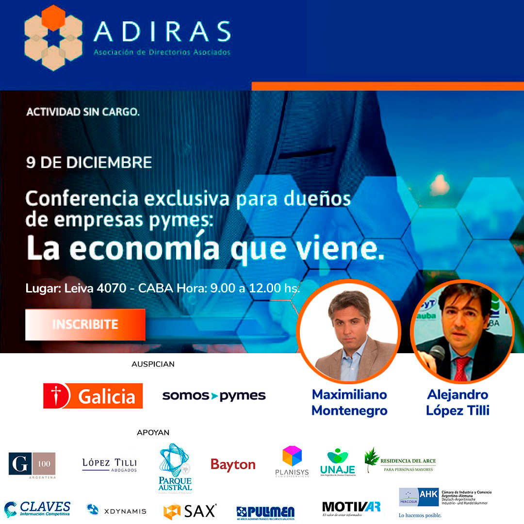 ADIRASarg's tweet photo. ¿Sos dueño pyme? No te pierdas las última conferencia del año "La economía que viene". Inscribite en https://t.co/eZxXyEqxiq
#adiras #pymes #conferencias https://t.co/Y4amTSxNxL