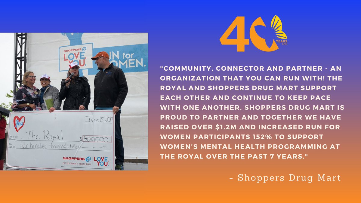 theroyalfdn's tweet photo. In 2013, @ShopprsDrugMart started the @RunForWomen to support women’s mental health initiatives across Canada. In total, they've raised $1.2 million for @TheRoyalMHC. This event is one of the only growing runs in the city of Ottawa! #TheFirst40 https://t.co/JVXJhB330O