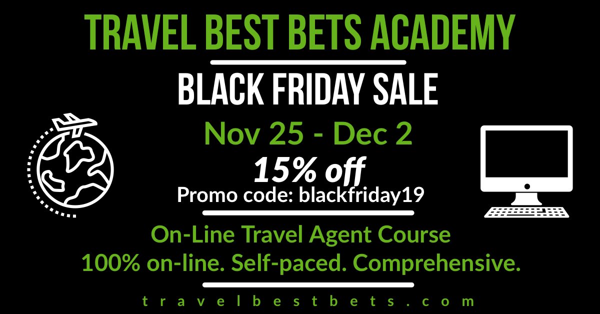 Our biggest sale of the year is on NOW! Save 15% on Travel Best Bets Academy. Learn how to be a professional travel agent with our 100% online course. Use promo code: blackfriday19 travelbestbetsacademy.com