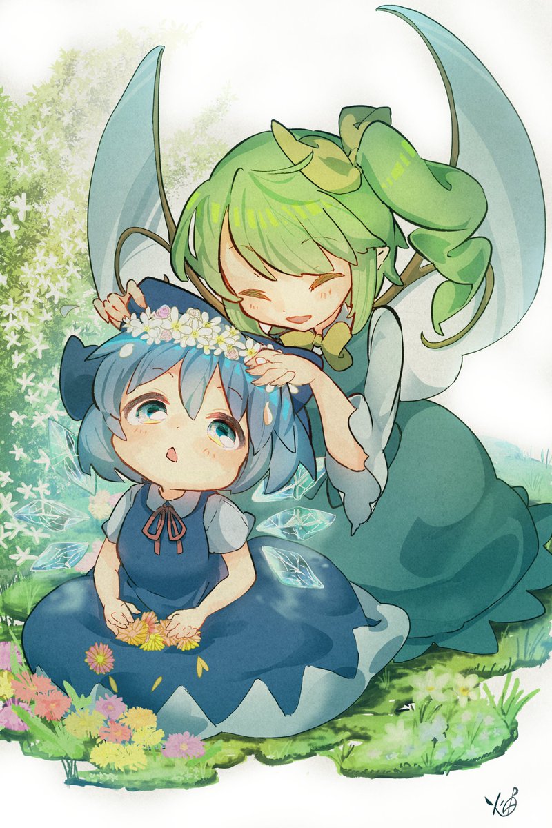 cirno ,daiyousei multiple girls wings 2girls blue hair fairy wings dress green hair  illustration images