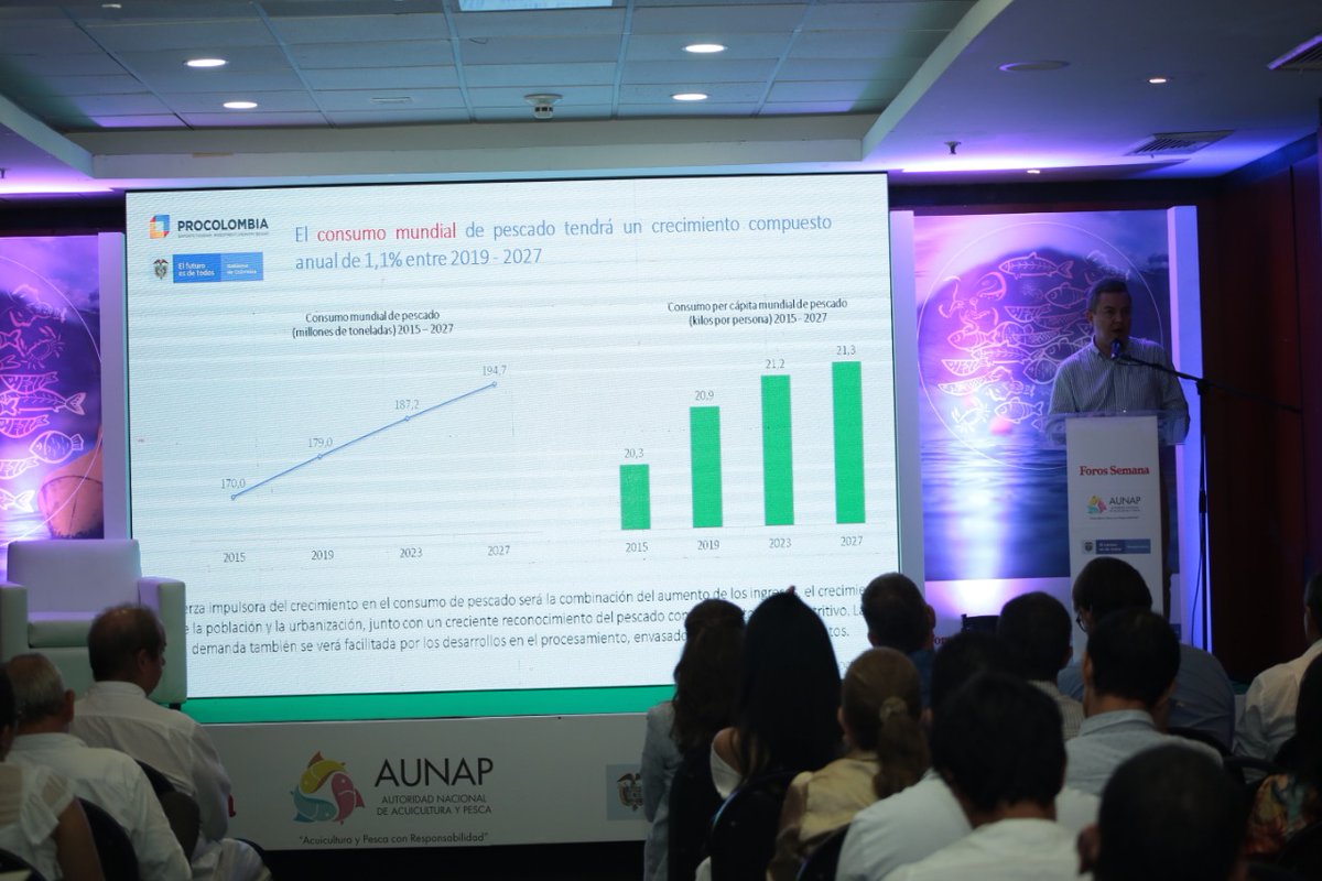 ForosSemana's tweet photo. #PaísAcuícolaYPesquero | "El consumo mundial de pescado tendrá un crecimiento compuesto anual de 1.1% entre 2019 y 2027. Pasaremos de 179 millones de toneladas a 195 millones de toneladas en 2027", @andrescrtg, gerente de exportaciones agroalimentos de @PROCOLOMBIACO https://t.co/dAiU4QYIhC