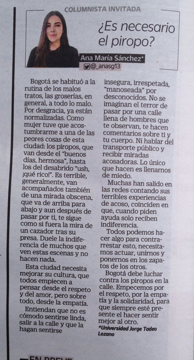 TadeoCrossLab's tweet image. Como parte de la alianza que tenemos entre el #CrossmediaLab y @adncolombia, en la edición de hoy se publica una columna de opinión de @_anasg13 de @Utadeo_edu_co sobre los piropos en la calle. 

¿Cree que este tipo de expresiones afectan a las mujeres?